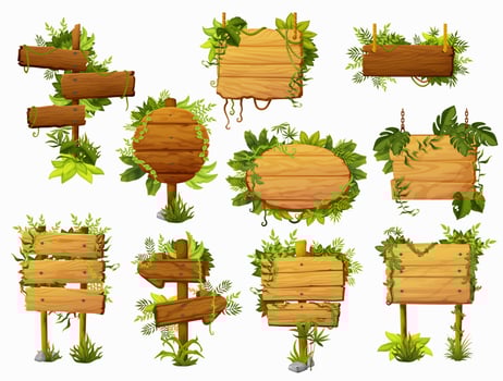 Cartoon wooden sign boards, tropical jungle lianas vector