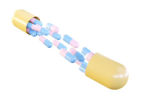 Pastel color Medicine Pills. Tiny Blue and Pink Pills flying out of Big Yellow Tablet Capsule. 3D Rendering. Pharmacy and Healthcare concept. Drugs awareness. png