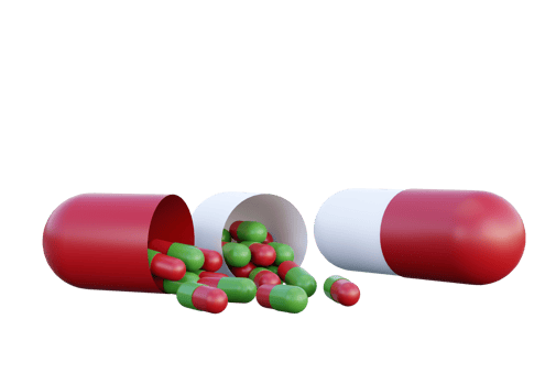 Red and Green Medicine Pills. Tiny pills spill out of big fallen tablet capsule. 3D Rendering. Pharmacy and Healthcare concept. Drugs awareness. png