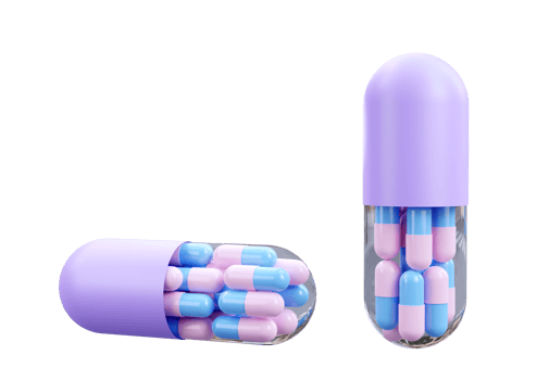 Pastel color Medicine Pills. Small pink and blue pills inside purple big tablet capsule. 3D Rendering. Pharmacy and Healthcare concept. Drugs awareness. png