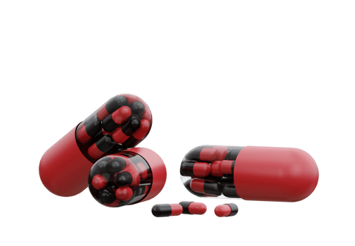 Black and Red Medicine Pills. Small pills inside big tablet capsules. 3D Rendering. Pharmacy and Healthcare concept. Drugs awareness. png