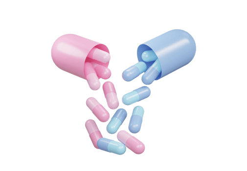 Pastel color Medicine Pills. Pink and Blue Pills flying down out of tablet capsule. 3D Rendering. Pharmacy concept. Drugs awareness. png