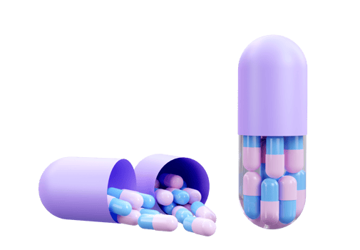 Pastel color Medicine Pills. Small pink and blue pills inside purple big tablet capsule. 3D Rendering. Pharmacy and Healthcare concept. Drugs awareness. png
