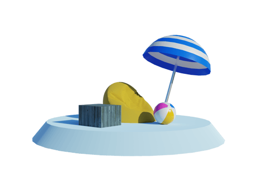 Beach vacation concept including bean bag, table, ball, and beach umbrella. 3D Rendering. png