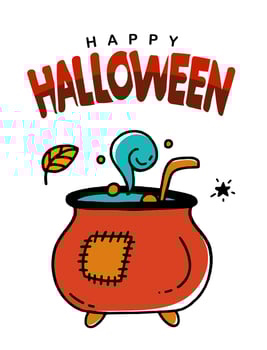 Halloween Greeting Card Poster Banner with Potion Cauldron Illustration of Doodle style Vector design on white background