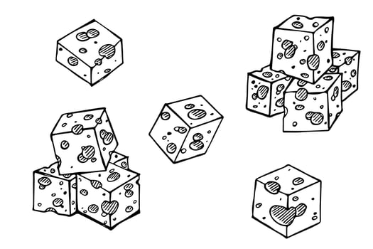 Hand drawn set of cheese parts and slices. Cheese icon. Vector cheese clipart