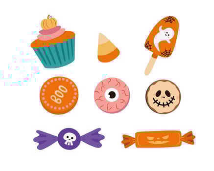 Set of Halloween candies for kids. Collection of vector isolated sweets - candies, cookies, cupcake. Trick or treat party candies