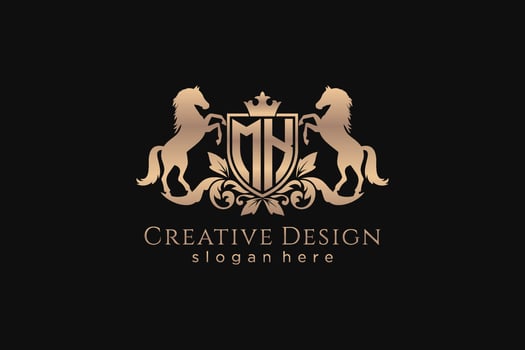 initial MK Retro golden crest with shield and two horses, badge template with scrolls and royal crown - perfect for luxurious branding projects vector