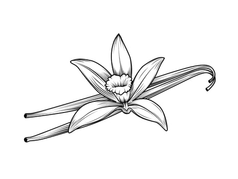 Vanilla flower sketch with dried vanilla stems. vintage style design. Isolated on a white background. vector illustration.