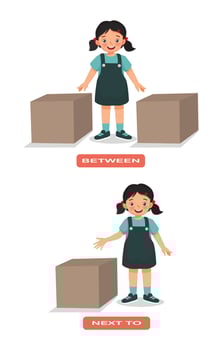 Preposition of place illustration little girl standing between and next to the box English vocabulary words flashcard set for education vector