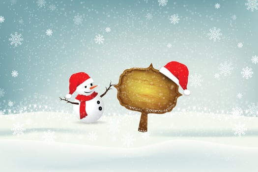 Winter Christmas Landscape With a Wooden Sign And Snowman. Illustrator vector eps 10.