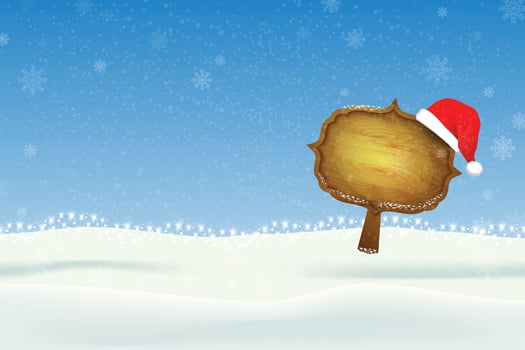 Winter Christmas Landscape With a Wooden Sign. Illustrator vector eps 10.