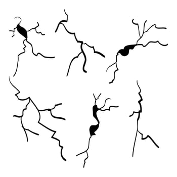 hand drawn cracked wall, ground, glass, egg. doodle break set. vector illustration