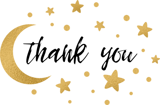 Thank you text with cute gold stars golden moon color for girl baby shower template PNG illustration. Banner for children birthday print, sign. Typography design for greeting card, invitation