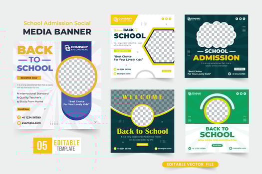 Simple school admission web banner template set with dark and yellow colors. Academic course and online registration poster bundle with abstract shapes. Back-to-school social media post collection. vector