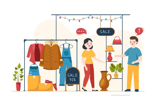 Flea Market Template Hand Drawn Cartoon Flat Illustration Second Hand Shop with Shoppers, Swap Meet, Sellers and Customers at Weekend vector