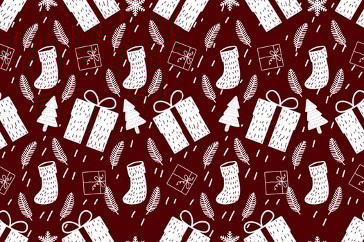 Merry Christmas seamless pattern home decoration design. Cartoon Santa, Christmas tree, Christmas leaves, cute wallpaper. Ornaments vector illustrations background