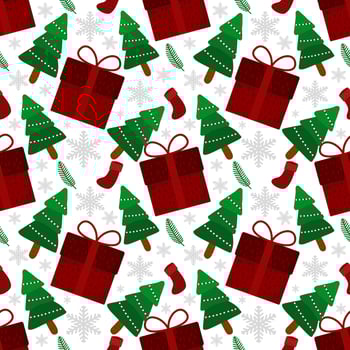 Merry Christmas seamless pattern home decoration design. Cartoon Santa, Christmas tree, Christmas leaves, cute wallpaper. Ornaments vector illustrations background