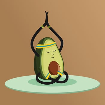 Cute Avocado in yoga pose. Funny vector cartoon fruit character isolated on a background. Eating healthy and fitness.