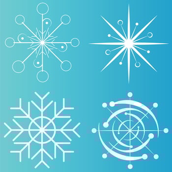 White snowflake icons collection in line style isolated on blue background. New year design elements, frozen symbol, Vector illustration
