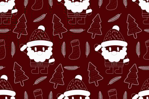 Merry Christmas seamless pattern home decoration design. Cartoon Santa, Christmas tree, Christmas leaves, cute wallpaper. Ornaments vector illustrations background