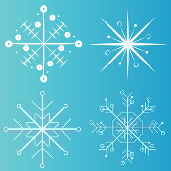 White snowflake icons collection in line style isolated on blue background. New year design elements, frozen symbol, Vector illustration