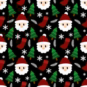 Merry Christmas seamless pattern home decoration design. Cartoon Santa, Christmas tree, Christmas leaves, cute wallpaper. Ornaments vector illustrations background