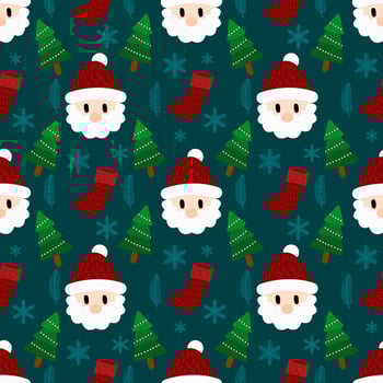 Merry Christmas seamless pattern home decoration design. Cartoon Santa, Christmas tree, Christmas leaves, cute wallpaper. Ornaments vector illustrations background