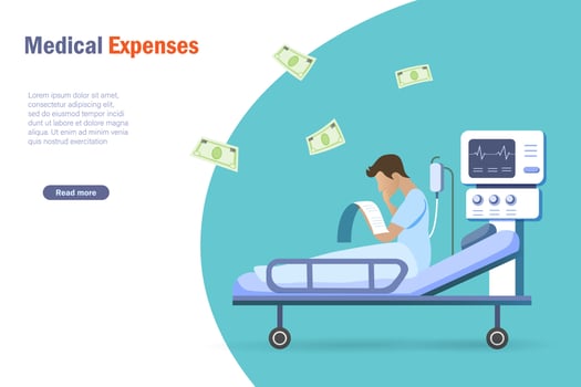 Medical expenses and health insurance concept. Patient in hospital holding medical bills feeling worry about surgery cost, hospital expenses. vector