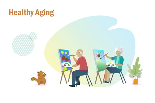 Healthy aging, senior lifestyle. Happy elderly couple painting canvas for relaxation and recreation activities. vector