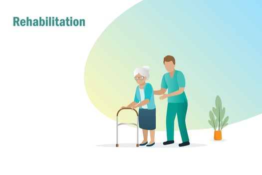 Rehab therapy for senior. Physiotherapist, rehabilitation doctor assist elderly woman walking with walker. Rehabilitation, physiotherapy and medical healthcare, recovery from trauma or injury. vector