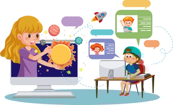 A boy chatting online with his friends vector