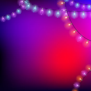 Red and violet Christmas background with lights. Background for post with a place for text. Vector illustration