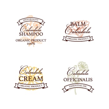 Set of hand drawn vintage calendula product logo designs. Vector illustration in sketch style. Can be used for packaging