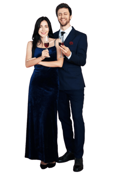 Sweet couple Love smile and spending Romantic with drinking wine in christmas time and celebrating new year eve, valentine day with colorful balloon on red background png