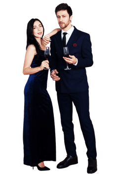 Sweet couple Love smile and spending Romantic with drinking wine in christmas time and celebrating new year eve, valentine day with colorful balloon on red background png