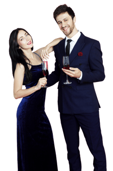 Sweet couple Love smile and spending Romantic with drinking wine in christmas time and celebrating new year eve, valentine day with colorful balloon on red background png