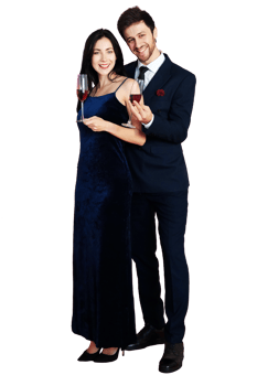 Sweet couple Love smile and spending Romantic with drinking wine in christmas time and celebrating new year eve, valentine day with colorful balloon on red background png