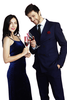 Sweet couple Love smile and spending Romantic with drinking wine in christmas time and celebrating new year eve, valentine day with colorful balloon on red background png