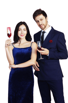 Sweet couple Love smile and spending Romantic with drinking wine in christmas time and celebrating new year eve, valentine day with colorful balloon on red background png