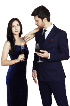 Sweet couple Love smile and spending Romantic with drinking wine in christmas time and celebrating new year eve, valentine day with colorful balloon on red background png