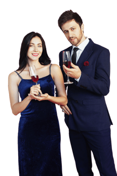 Sweet couple Love smile and spending Romantic with drinking wine in christmas time and celebrating new year eve, valentine day with colorful balloon on red background png