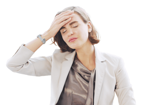 Businesswoman so tried headache and suffering stress working at office computer table. Office Syndrome Symptoms Concept. png