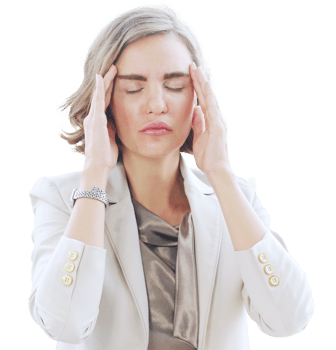 Businesswoman so tried headache and suffering stress working at office computer table. Office Syndrome Symptoms Concept. png
