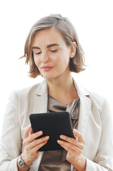 Businesswoman in white suit hand holding tablet for searching on website and thinking in job at workspace in office png