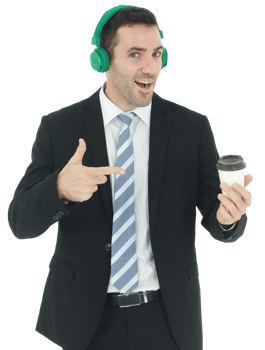 Handsome and smart businessman relax with listening to music in green headphones and hand holding a cup of coffee isolated on white background. Business and Finance concept. Copy Space png