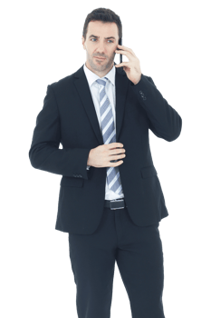 Handsome businessman in a suit hand holding smartphone and talking on the phone isolated on white background.Copy Space png