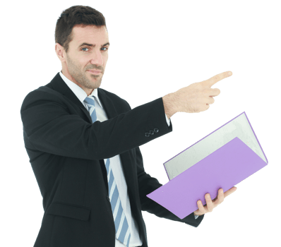Handsome Caucasian businessman in black suit and holding violet document file and index finger to forward isolated on white background. png