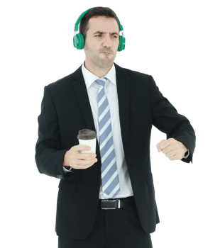 Handsome and smart businessman relax with listening to music in green headphones and hand holding a cup of coffee isolated on white background. Business and Finance concept. Copy Space png