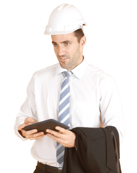 Handsome and smart engineer in suit and white shirt and Wearing a white safety engineer hat with hand holding smartphone isolated on yellow background. Copy Space png